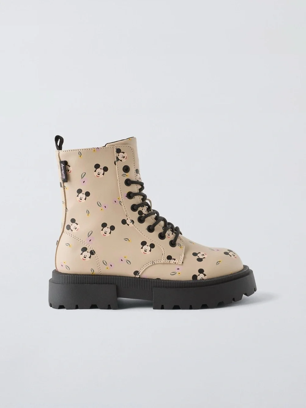 Zara Beige Kids Mickey Print Combat Boots with Black Soles